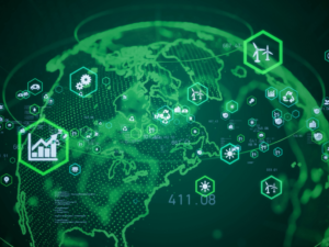 Image shows a green pixelated globe with circles around it