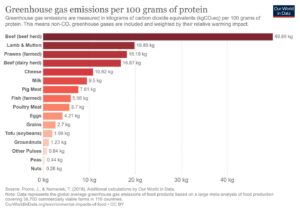 Greenhouse gas emissions per 100 grams of protein