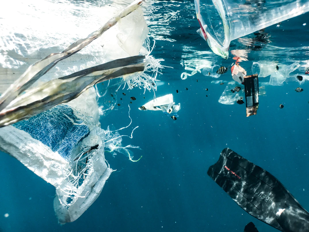 Image shows plastic pollution under water with plastic cups, bottles, and material floating underneath the water.